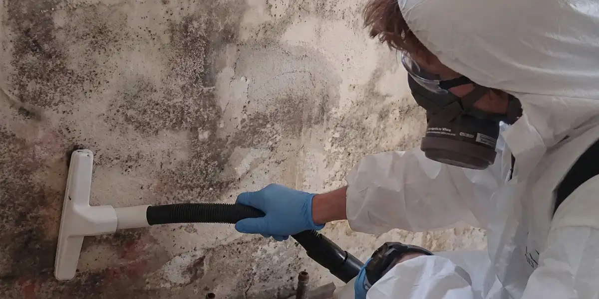 professional mold removal technician wearing protective equipment removing mold from a wall in Spokane, WA